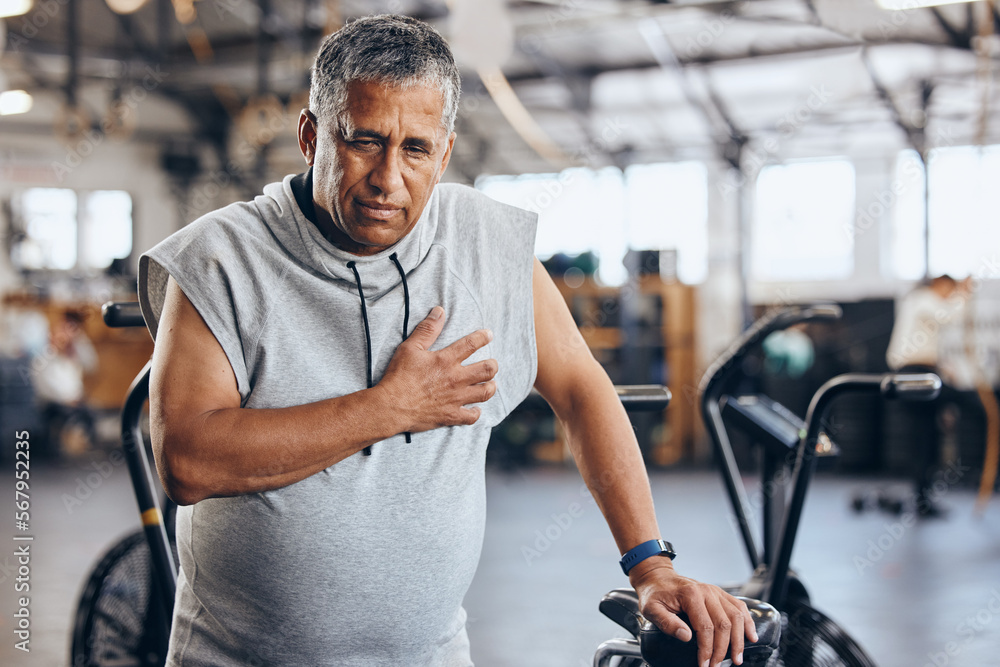 Gym pain in chest and senior man with medical emergency during