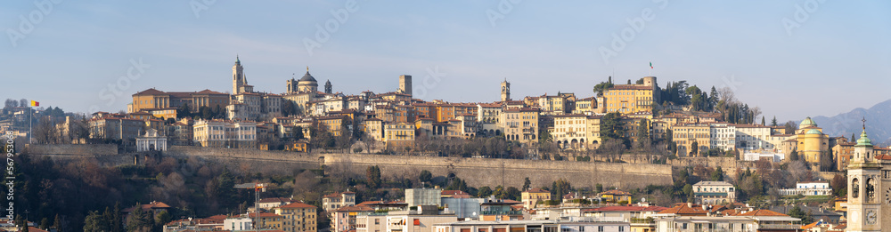 Bergamo, Italy. Amazing aerial landscape at the old town during a wonderful sunny day. View from the lower city. Bergamo one of the beautiful city in Italy View of the ancient walls