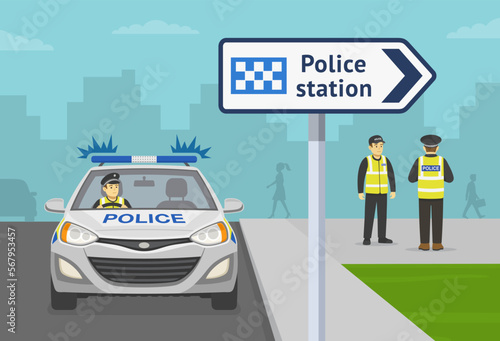 Front view of a british traffic police officer sitting in a car near police station. Close-up view of a police station pointer sign. Flat vector illustration template.