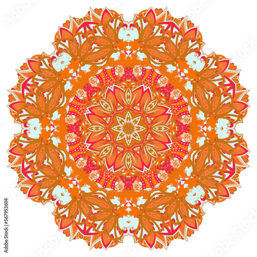 Mandala. Tracery wheel image. Mehndi design. Ethnic doodle art. Curved doodling picture. Vector