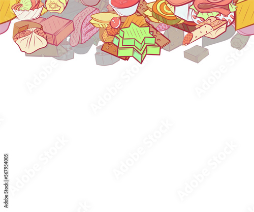 Background pattern abstract design texture. Snacks and Cheeses. Horizontal seamless stripe. Border frame, transparent background. Theme is about share, cake, meat, sandwich, tartlet, filling