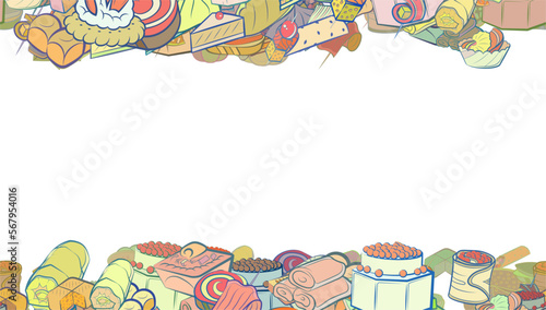 Background pattern abstract design texture. Bakery products and Snacks. Horizontal seamless stripes. Border frame, transparent background. Theme is about stuffed cabbage, piece, borscht