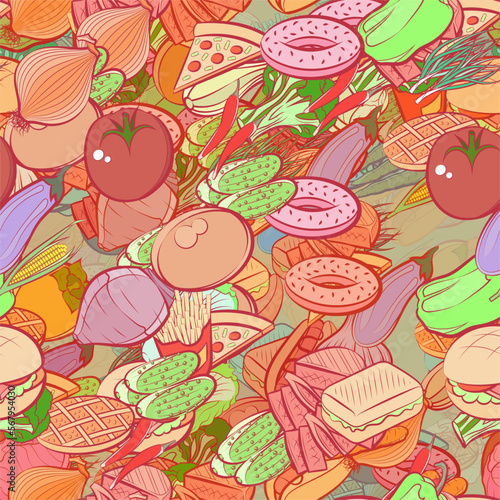 Background pattern abstract design texture. Seamless. American food and Health food. Theme is about peel, zucchini, vitamin C, a stack, Hot Dog, french fries, bitter, shell, steak, tomato