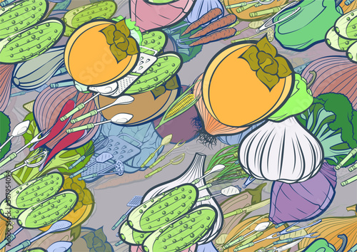Background pattern abstract design texture. Seamless. Cutlery and Health food. Theme is about pods, egg, whisk, scooped, ladle, vitamin C, broccoli, beet, scoop, Caucasian, protein, cleaned up
