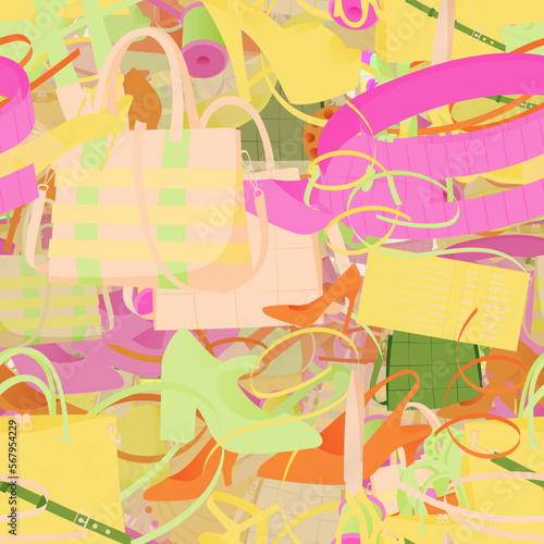 Background pattern abstract design texture. Seamless. Theme is about glamour, slingback shoes, accessories, girl, confetti, lady, satchel, lace, scissors, wavy, business, stripes, repeat