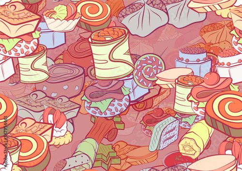 Background pattern abstract design texture. Seamless. Snacks. Theme is about loaf, meat, salad, stick, spiral, cucumber roll, marshmallows, caviar, bacon, star, sweet, biscuit, cucumber