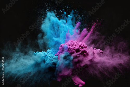 Tela Blue and pink color powder erupting in slow motion against a black background