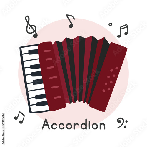 Accordion clipart cartoon style. Simple cute red accordion flat vector illustration. Keyboard musical instrument classical bayan hand drawn doodle style. Hand-held accordion vector design