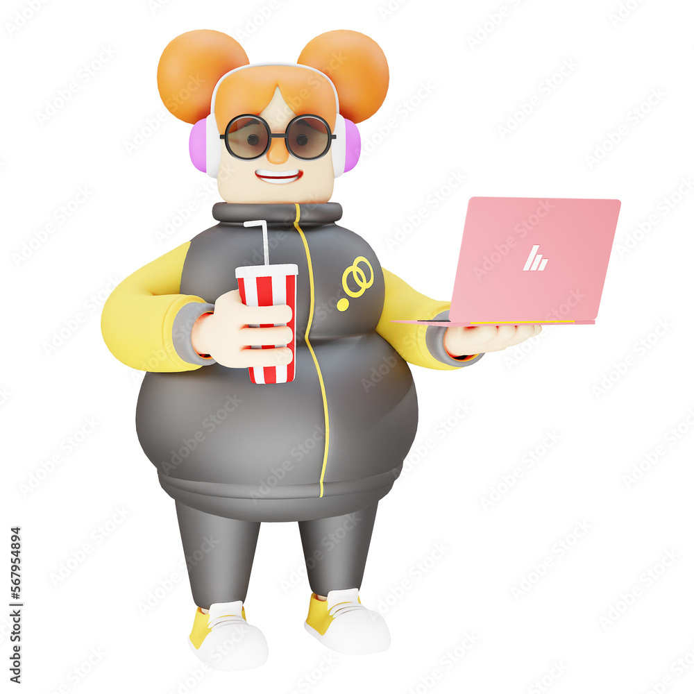  3D illustration. Cartoon 3D Cute Girl Design has a laptop and a glass of soft drink in hand. showing a cute smile. with cute pigtails. 3D Cartoon Character