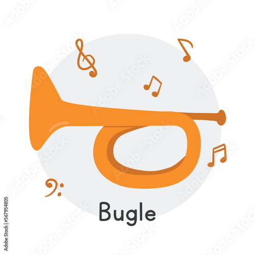 Golden bugle clipart cartoon style. Simple cute bugle brass musical instrument flat vector illustration. Brass instrument bugle hand drawn doodle style. Wind instrument bugle vector design