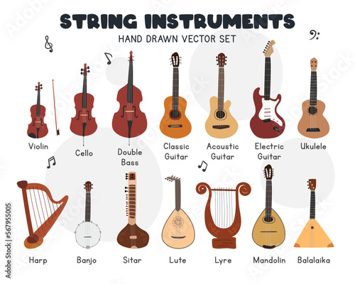 String instruments vector set. Simple cute violin, cello, double bass, classic, acoustic guitar, ukulele, harp, lyre, banjo stringed musical instrument clipart cartoon style, hand drawn doodle drawing