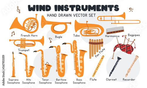 Wind instruments vector set. Simple cute trumpet, bugle, trombone, tuba, saxophone, french horn, clarinet, recorder, bagpipes clipart cartoon style. Wind instrument trumpet hand drawn doodle style