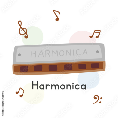 Harmonica clipart cartoon style. Simple cute harmonica, French harp, blues harp, mouth organ flat vector illustration. Free reed wind instrument hand drawn doodle style. Harmonica vector design