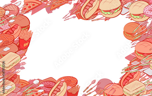 Background pattern abstract design texture. American food and Cutlery. Border frame, transparent background. Theme is about spatula, Potato Maker, meat fork, potato peeler, spoon, ladle
