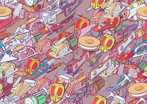 Background pattern abstract design texture. Seamless. Repair and Building tools. Theme is about mounting, paint brush, paint roller, building, length, waterproofing, measure of length, manual