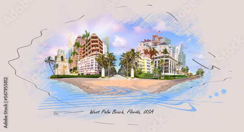 Collage about West Palm Beach, Florida, USA. The clock tower on Worth Avenue and the center of town at United States. Art design
