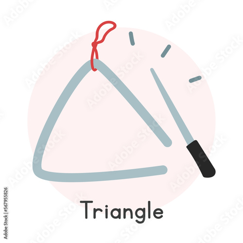 Musical triangle clipart cartoon style. Simple cute triangle musical instrument flat vector illustration. Percussion instruments hand drawn doodle style. Music triangle vector design