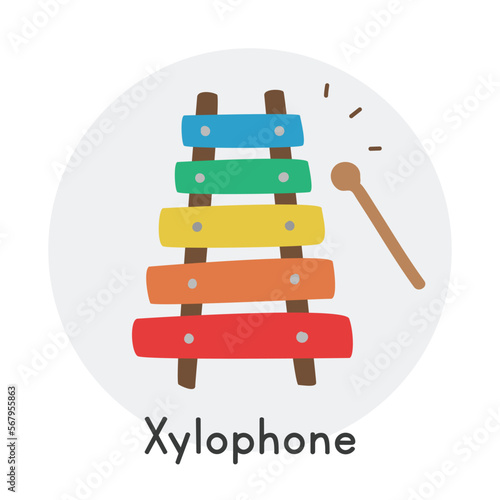 Xylophone clipart cartoon style. Simple cute children's rainbow color xylophone musical instrument flat vector illustration. Percussion instrument xylophone hand drawn doodle style. Colorful xylophone