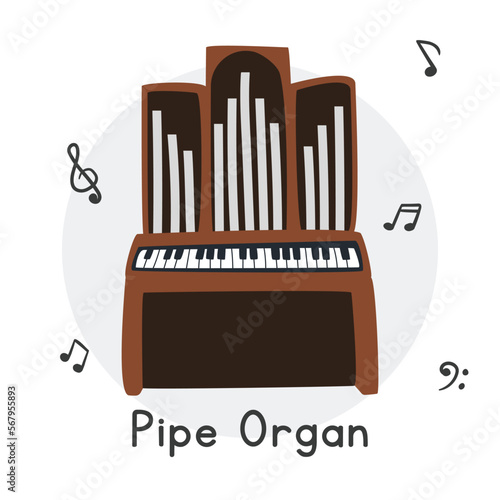 Pipe organ clipart cartoon style. Simple cute wooden church organ flat vector illustration. Ancient Greek musical instrument steam organ hand drawn doodle style. Pipe organ vector design