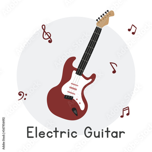 Electric guitar clipart cartoon style. Simple cute red electric guitar classic string musical instrument flat vector illustration. Stringed instrument hand drawn doodle. Electric guitar vector design