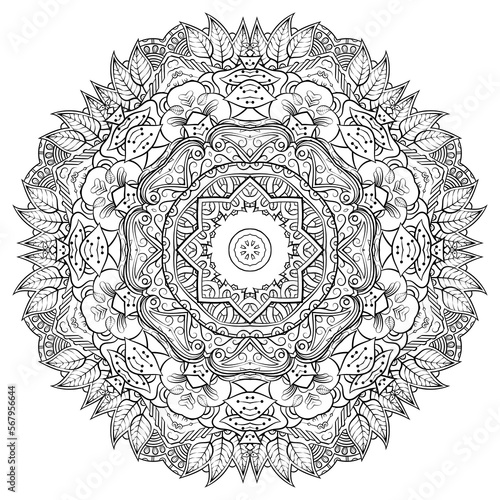 Mandala. Tracery wheel image. Mehndi design. Binary monochrome black and white. Ethnic doodle art. Curved doodling picture. Vector