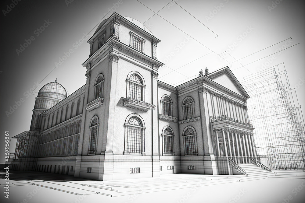 architectural history Perspective a wireframe I created for a building. Generative AI