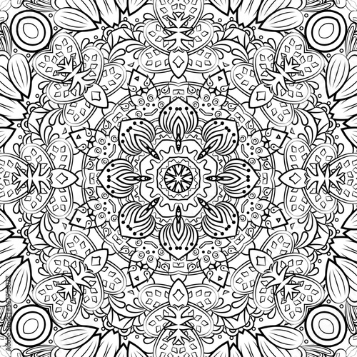 Seamless tile texture. Tracery mehndi design image. Binary monochrome black and white. Ethnic doodle art. Curved doodling picture. Vector