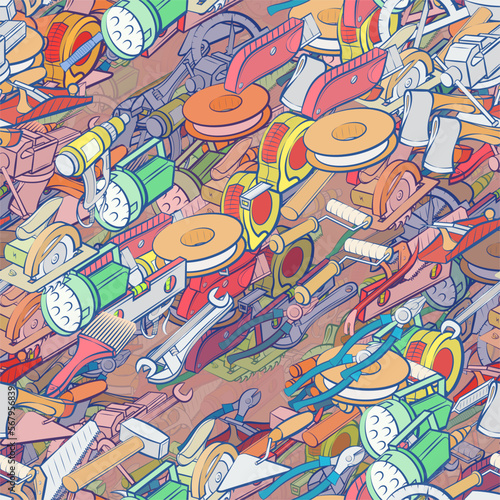 Background pattern abstract design texture. Seamless. Building tools and Repair. Theme is about roulette, electrician, architectural, wiring, workshop, water pipes, steel, for the garage