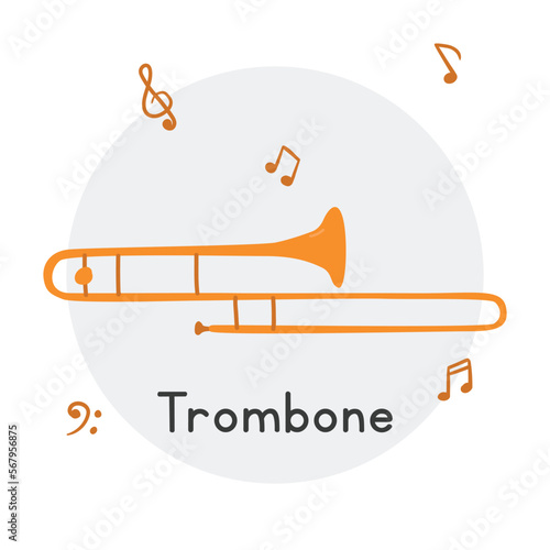 Golden trombone clipart cartoon style. Simple cute trombone brass musical instrument flat vector illustration. Brass instrument trombone hand drawn doodle style. Wind instrument vector design