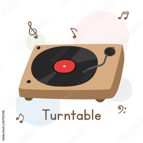 Turntable clipart cartoon style. Simple cute record player turntable instrument flat vector illustration. Gramophone hand drawn doodle style. Turntable vector design