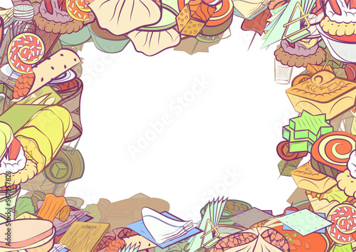 Background pattern abstract design texture. Snacks and Table setting. Border frame, transparent background. Theme is about jelly, cloth napkin, salt shaker, marshmallows, stuffed cabbage