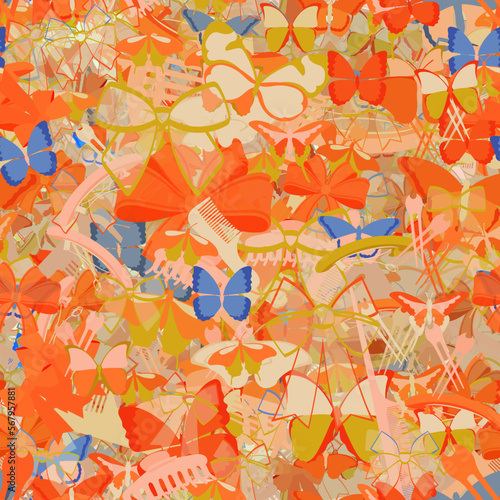 Background pattern abstract design texture. Seamless. Theme is about silhouette, exotic, art, adornment, wildlife, gorgeous, comb, colorful, vector, hair clips, drawing, Red Admiral, embellishment