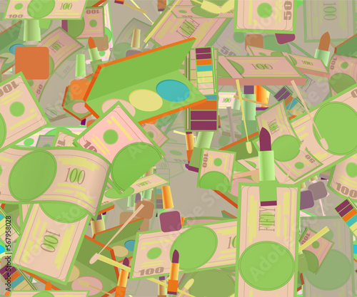 Background pattern abstract design texture. Seamless. Theme is about rich, earn, makeup, united, dollar, cash, powder, debt, credit, business, 100, pomade, beauty, nail polish, currency