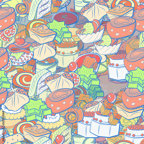 Background pattern abstract design texture. Seamless. Snacks. Theme is about salad, cake, cheese, jelly, rice, liquids, spiral, lettuce leaf, covered, cucumber, crab meat, sausage, loaf