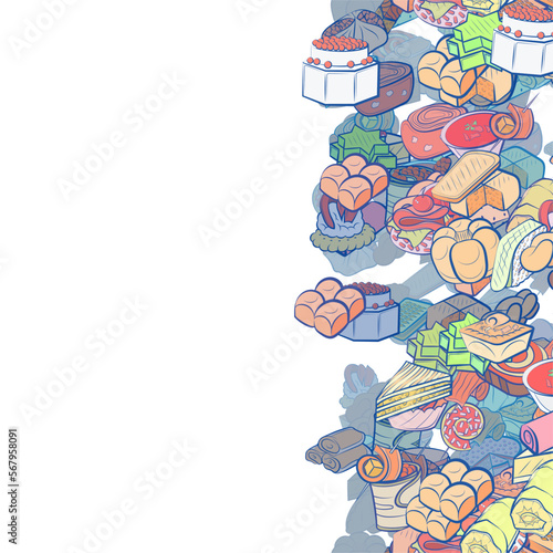 Background pattern abstract design texture. Bakery products and Snacks. Vertical seamless stripe. Border frame, transparent background. Theme is about vitamins, caramel, marshmallows, a stack