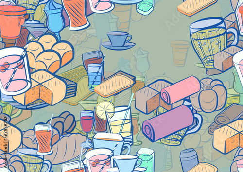 Background pattern abstract design texture. Seamless. Drinks and Bakery products. Theme is about lush, pie, bread, divided, hot drink, alcohol, sandwich, citrus, coffee, saucer, cut, thread
