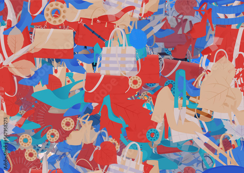 Background pattern abstract design texture. Seamless. Theme is about maple, handle, botany, sew, handmade, garden, illustration, tailor Shears, purse, flip-flops, personal, platform heels