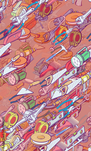 Background pattern abstract design texture. Seamless. Repair and Building tools. Theme is about spins up, instruments, lamp, woodcutter, adjustable wrench, sawing, pliers, folding, concrete