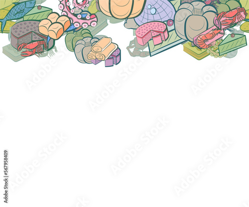Background pattern abstract design texture. Seafood and Bakery products. Horizontal seamless stripe. Border frame, transparent background. Theme is about nautical, slice, fish, twist, common