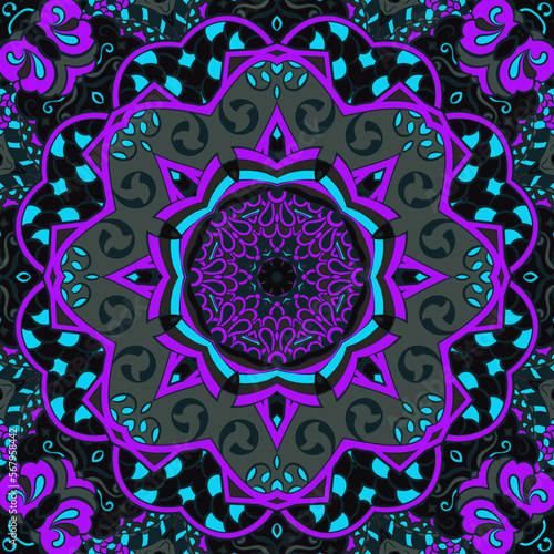 Seamless tile texture. Tracery mehndi design image. Dark toxic colors. Ethnic doodle art. Curved doodling picture. Vector