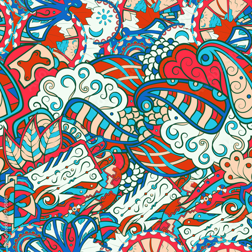 Tracery seamless pattern. Mehndi design. 7 colors. Ethnic doodle texture. Curved doodling background. Vector