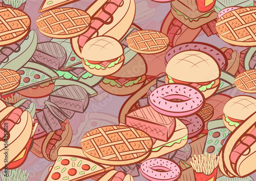Background pattern abstract design texture. Seamless. American food. Theme is about Hot Dog, waffles, hamburger, bakery products, pizza, cut, meat, potato, steak, cutlet, french fries