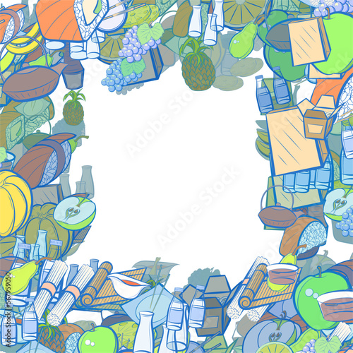 Background pattern abstract design texture. Japanese food and Fruits. Border frame, transparent background. Theme is about pieces, leaflet, soy sauce, incision, bamboo mat, kyusu, round grapes