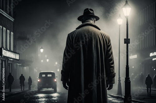 male detective stands with his back on a night street with rain in the style of film noir. Generative AI photo