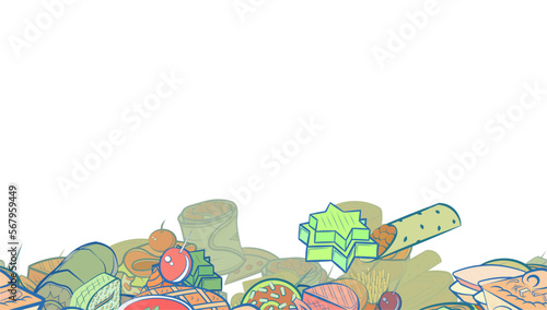 Background pattern abstract design texture. American food and Snacks. Horizontal seamless stripe. Border frame, transparent background. Theme is about crab meat, biscuit, sweetness, fish