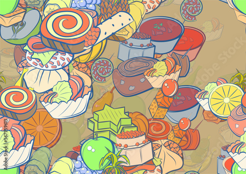 Background pattern abstract design texture. Seamless. Fruits and Snacks. Theme is about onigiri, basket, slice, sandwich, cucumber, six-pointed, marshmallows, cucumber roll, caramel, pineapple