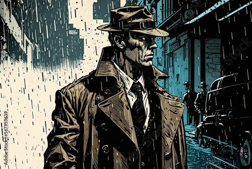 male detective investigator hat and coat on rainy street at night. Cartoon Noir comics style. Generative AI