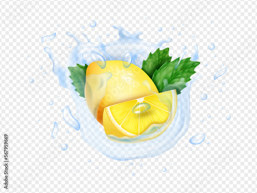 Realistic lemon, whole and half, mint in water splash. Fresh ice tea drop, green leaf, fresh lime fruit mojito waves, liquid juice swirl. Citrus gum or toothpaste. Vector 3d isolated concept