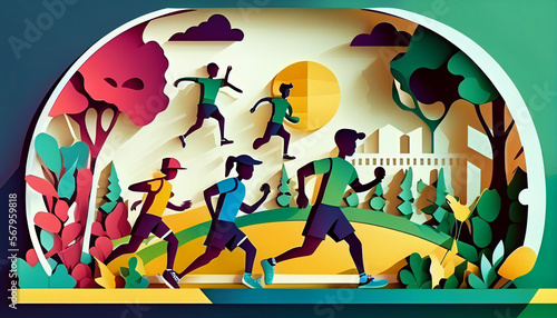 Kids running club at the park in papercut style. Vector illustration background. Generative AI