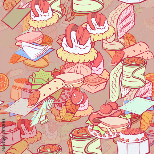 Background pattern abstract design texture. Seamless. Table setting and Snacks. Theme is about vitamins, pancake, cutting board, caramel, soup, tartlet, rice, wand, topping, table set